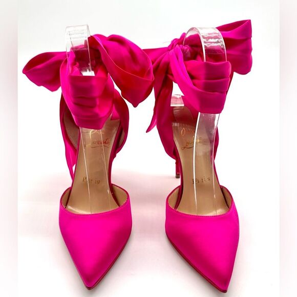 CHRISTIAN LOUBOUTIN Satin Douce Du Desert 100 Heels Rose Pink Ankle Tie EU37 US7 - Picture 10 of 16